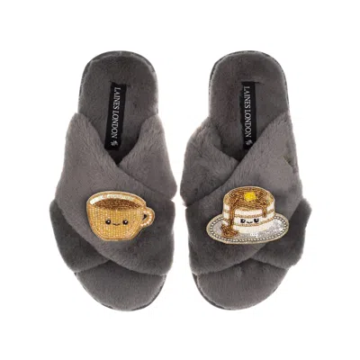 Laines London Women's Classic Slippers With Laines Loveables Coffee & Pancakes Brooches - Grey