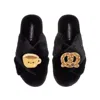 Laines London Women's Classic Slippers With Laines Loveables Hot Chocolate & Pretzel Brooches - Black In Black