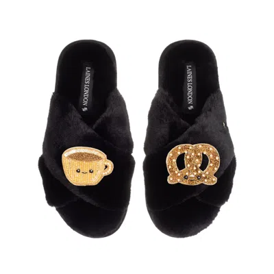 Laines London Women's Classic Slippers With Laines Loveables Hot Chocolate & Pretzel Brooches - Black