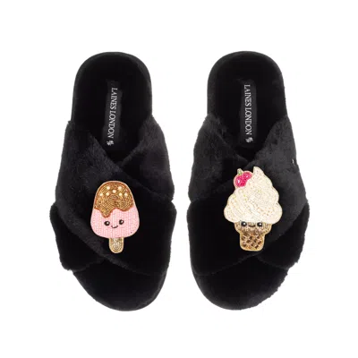 Laines London Women's Classic Slippers With Laines Loveables Ice Lolly & Ice Cream Brooches - Black