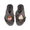 Laines London Women's Classic Slippers With Laines Loveables Ice Lolly & Ice Cream Brooches - Grey In Grey
