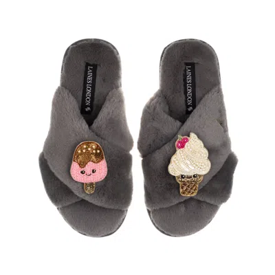 Laines London Women's Classic Slippers With Laines Loveables Ice Lolly & Ice Cream Brooches - Grey