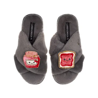 Laines London Women's Classic Slippers With Laines Loveables Jam & Toast Brooches - Grey