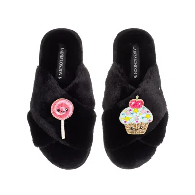 Laines London Women's Classic Slippers With Laines Loveables Lollipop & Cupcake Brooches - Black