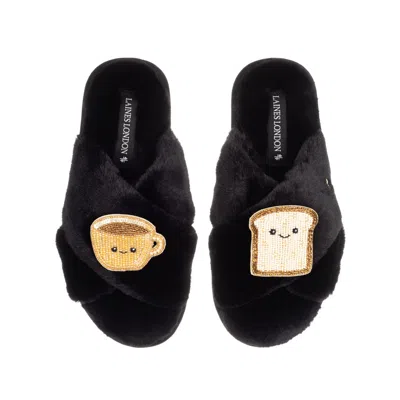 Laines London Women's Classic Slippers With Laines Loveables Tea & Toast Brooches - Black