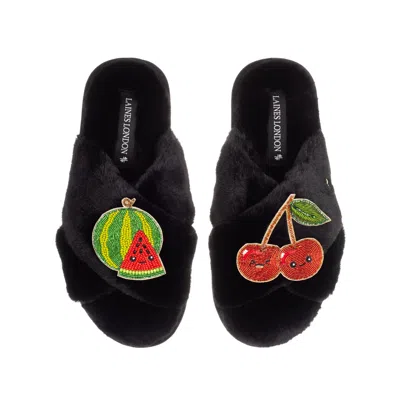 Laines London Women's Classic Slippers With Laines Loveables Watermelon & Cherry Brooches - Black