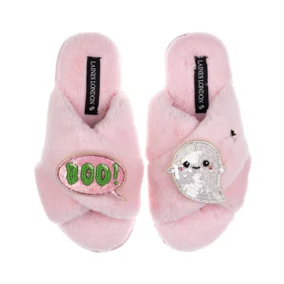 Laines London Women's Classic Slippers With Limited Edition Laines Lovables Boo The Ghost Halloween Brooches - Pin In Pink