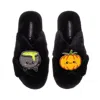 Laines London Women's Classic Slippers With Limited Edition Laines Lovables Pumpkin & Cauldron Halloween Brooches  In Black