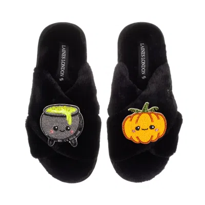 Laines London Women's Classic Slippers With Limited Edition Laines Lovables Pumpkin & Cauldron Halloween Brooches  In Black