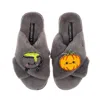 Laines London Women's Classic Slippers With Limited Edition Laines Lovables Pumpkin & Cauldron Halloween Brooches  In Gray