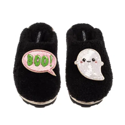 Laines London Women's Closed Toe Slippers With Limited Edition Laines Lovables Boo The Ghost Halloween Brooches -  In Black