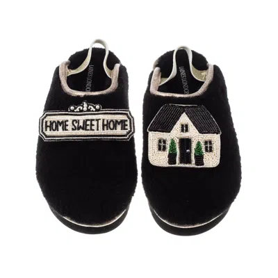 Laines London Women's Flatform Cloud Slippers With Home Sweet Home Brooches - Black