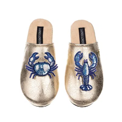 Laines London Women's Gold / Blue  Gold Softie Slippers With Mediterranean Blue Crab & Lobster Brooch In Gold/blue