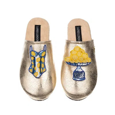 Laines London Women's Gold / Blue  Gold Softie Slippers With Mediterranean Swimming Costume & Lemon B In Gold/blue
