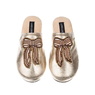 Laines London Women's Gold / Brown Gold Softie Slippers With Brown & Pearl Beaded Stripe Bow Brooches In Multi