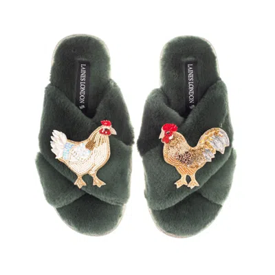 Laines London Women's Gold / Green Classic Laines Slippers With Chicken & Rooster Brooches - Limited Edition Green In Animal Print