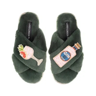 Laines London Women's Gold / Green Classic Laines Slippers With Pink Rosa & Grapefruit Gin Brooches - Limited Edit