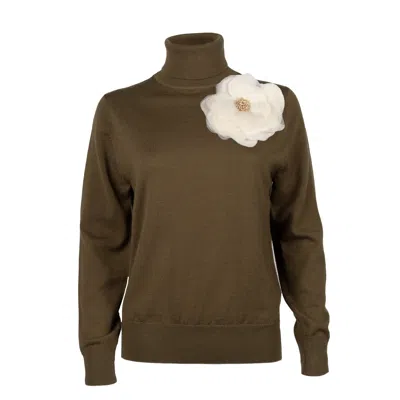 Laines London Women's Gold / Green / Neutrals Laines Couture Embellished Cream Corsage Knitted Roll Neck Jumper - In Gold/green