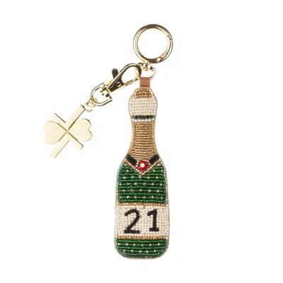 Laines London Women's Gold / Green / White Milestone Birthday Champagne Hand-beaded Bag Charm - 21st In Multi