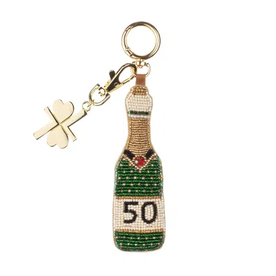 Laines London Women's Gold / Green / White Milestone Birthday Champagne Hand-beaded Bag Charm - 50th In Multi