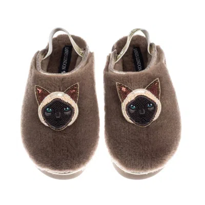 Laines London Women's Gold / Neutrals / Brown Flatform Cloud Slippers With Double Siamese Cat Brooches - Mink In Multi
