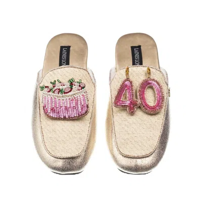 Laines London Women's Gold / Neutrals Classic Mules With 40th Birthday & Cake Brooches - Cream & Gold