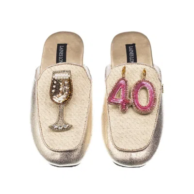 Laines London Women's Gold / Neutrals Classic Mules With 40th Birthday & Glass Of Champagne Brooches - Cream & Gol