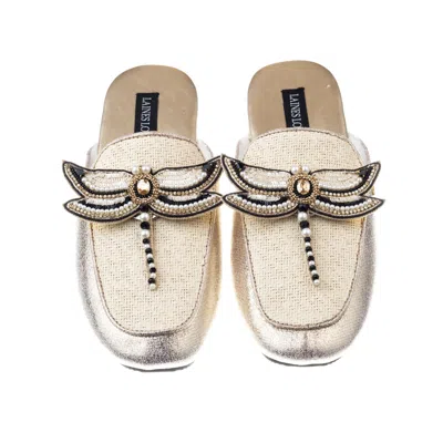 Laines London Women's Gold / Neutrals Classic Mules With Double Dragonfly Brooches - Cream & Gold