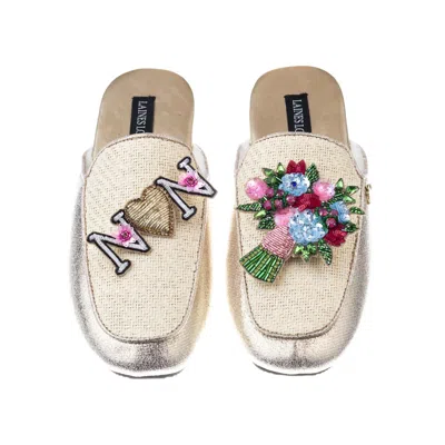 Laines London Women's Gold / Neutrals Classic Mules With Flower Bouquet & Nan Brooches - Cream & Gold