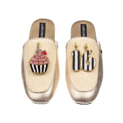 Laines London Women's Gold / Neutrals Classic Mules With Stripe 16th Birthday & Cake Brooches - Cream & Gold