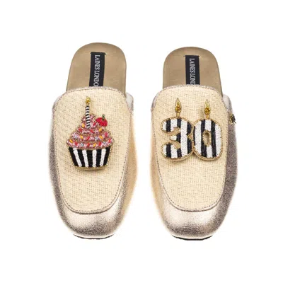 Laines London Women's Gold / Neutrals Classic Mules With Stripe 30th Birthday & Cake Brooches - Cream & Gold