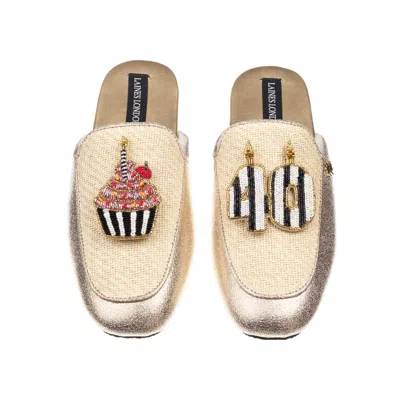Laines London Women's Gold / Neutrals Classic Mules With Stripe 40th Birthday & Cake Brooches - Cream & Gold