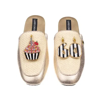 Laines London Women's Gold / Neutrals Classic Mules With Stripe 60th Birthday & Cake Brooches - Cream & Gold