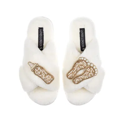 Laines London Women's White / Neutrals / Gold Classic Laines Slippers With Gold New Baby Brooches - Cream In Gold/white