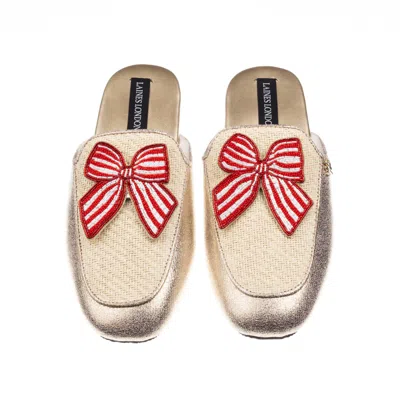 Laines London Women's Gold / Neutrals / White Classic Mules With Red Stripe Bow Brooches - Cream & Gold In Multi