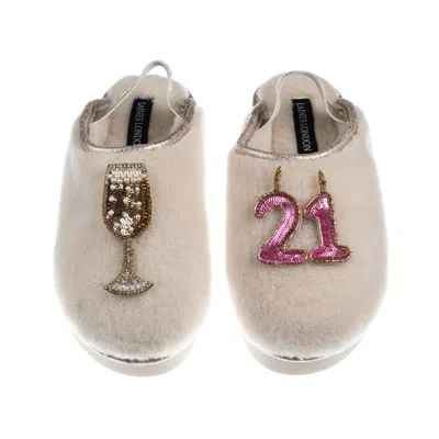 Laines London Women's Gold / Neutrals / White Flatform Cloud Slippers With 21st Birthday & Champagne Glass Brooche