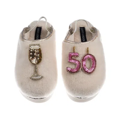 Laines London Women's Gold / Neutrals / White Flatform Cloud Slippers With 50th Birthday & Champagne Glass Brooche