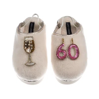 Laines London Women's Gold / Neutrals / White Flatform Cloud Slippers With 60th Birthday & Champagne Glass Brooche In Multi