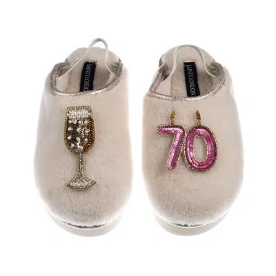 Laines London Women's Gold / Neutrals / White Flatform Cloud Slippers With 70th Birthday & Champagne Glass Brooche