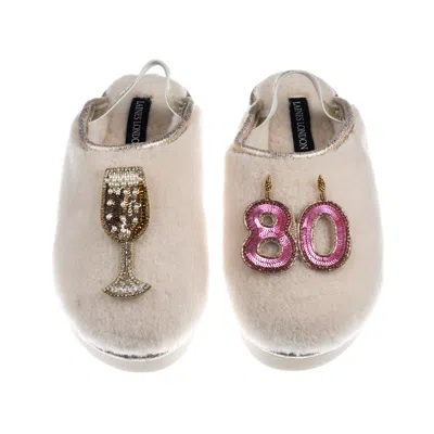 Laines London Women's Gold / Neutrals / White Flatform Cloud Slippers With 80th Birthday & Champagne Glass Brooche