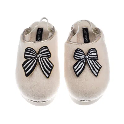 Laines London Women's Gold / Neutrals / White Flatform Cloud Slippers With Black Stripe Bow Brooches - Cream In Multi