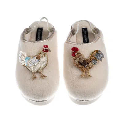 Laines London Women's Gold / Neutrals / White Flatform Cloud Slippers With Chicken & Rooster Brooches - Cream In Multi