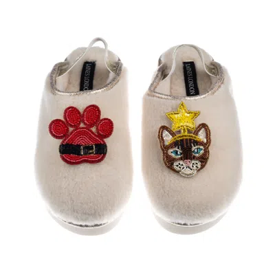 Laines London Women's Gold / Neutrals / White Flatform Cloud Slippers With Christmas Brown/orange Tabby Cat & Paw 