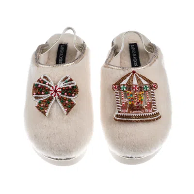 Laines London Women's Gold / Neutrals / White Flatform Cloud Slippers With Christmas Gingerbread Bow & Carousel Br In Multi