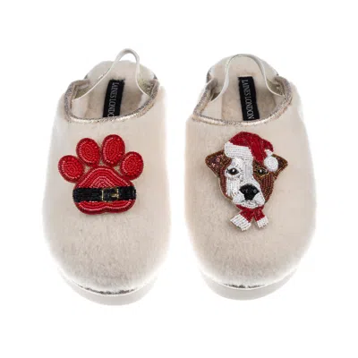 Laines London Women's Gold / Neutrals / White Flatform Cloud Slippers With Christmas Jack Russell & Paw Brooches - In Multi