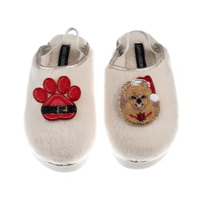Laines London Women's Gold / Neutrals / White Flatform Cloud Slippers With Christmas Pomeranian & Paw Brooches - C