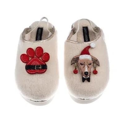 Laines London Women's Gold / Neutrals / White Flatform Cloud Slippers With Christmas White Greyhound & Paw Brooche In Multi