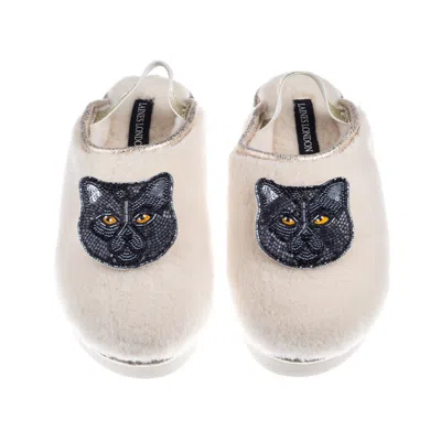 Laines London Women's Gold / Neutrals / White Flatform Cloud Slippers With Double Black British Shorthair Cat Broo