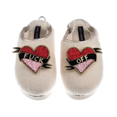 Laines London Women's Gold / Neutrals / White Flatform Cloud Slippers With Fuck Off Brooches - Cream In Multi