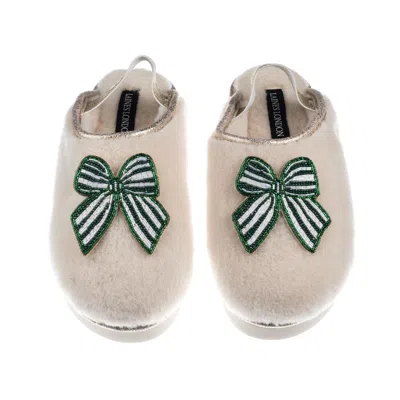 Laines London Women's Gold / Neutrals / White Flatform Cloud Slippers With Green Stripe Bow Brooches - Cream
